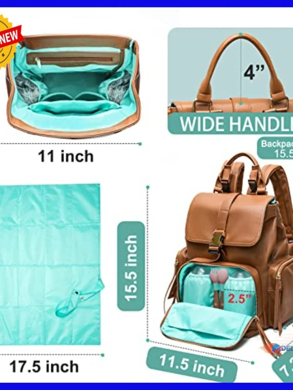 Leather Diaper Backpack with 14 Pockets, Insulated Compartments, Changing Pad
